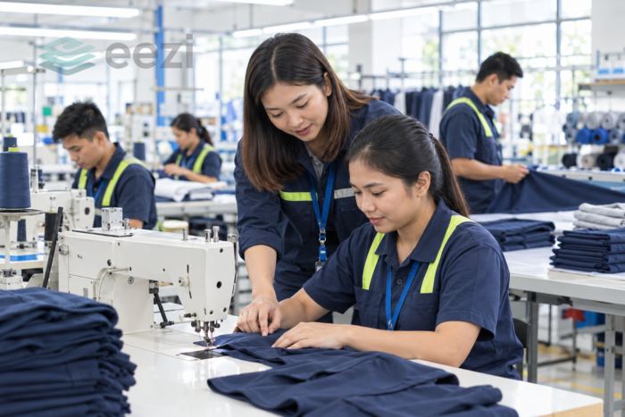 Textile manufacturing workers using machinery, supported by eezi HR and payroll software.